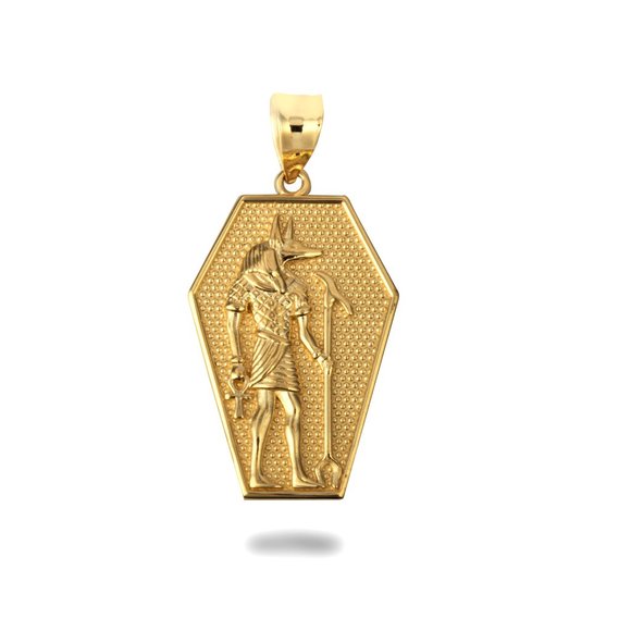 10K Solid Gold Ancient Egyptian Anubis Coffin Ankh Textured Pendant